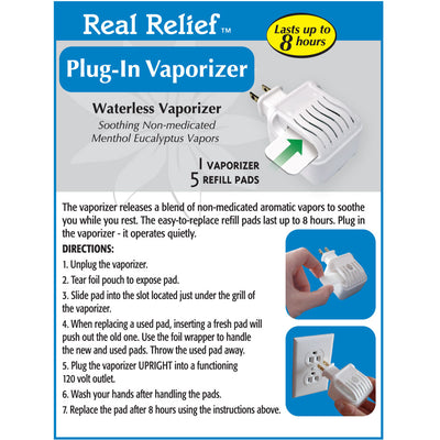Real Relief Plug-in Waterless Vaporizer W/5 Soothing Non-Medicated Menthol Eucalyptus Vapor Refills